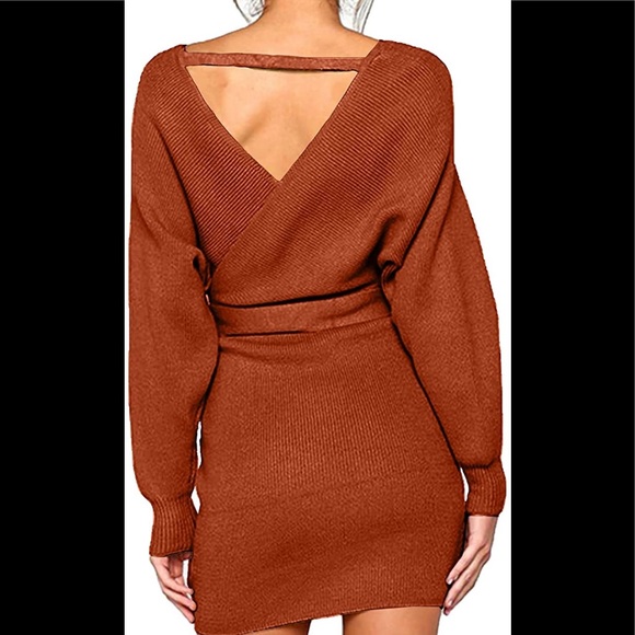 Women's V Neck Sweater Dress Long Sleeve Backless Bodycon Dress w/Belt - Picture 10 of 10
